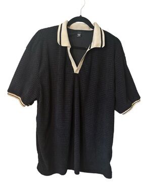 Manfinity Polo Men's 3XL Black Waffle Weave Cream Contrast Collar & Cuffs
